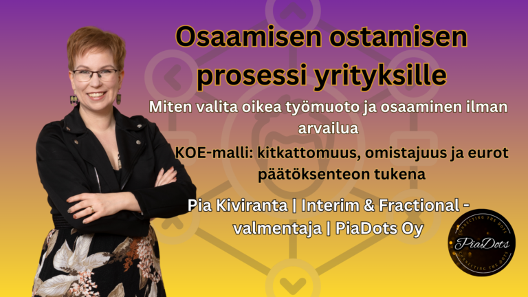 Bannerikuva, jossa Pia Kiviranta esittelee osaamisen ostamisen prosessia, interim- ja fractional-ratkaisuja sekä konsultoinnin yhteyttä yritysten osaamisen hyödyntämiseen. Kuva liittyy KOE-malliin ja osaamisen työmuotojen ajatusjohtajuuteen. Pia Kiviranta 2026