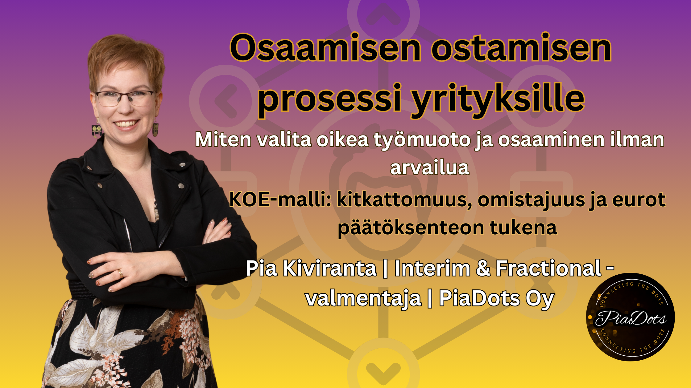 Bannerikuva, jossa Pia Kiviranta esittelee osaamisen ostamisen prosessia, interim- ja fractional-ratkaisuja sekä konsultoinnin yhteyttä yritysten osaamisen hyödyntämiseen. Kuva liittyy KOE-malliin ja osaamisen työmuotojen ajatusjohtajuuteen. Pia Kiviranta 2026