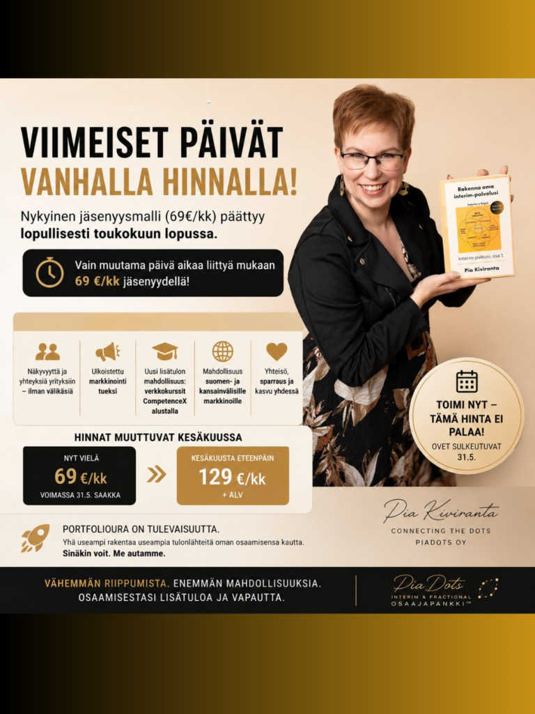 PiaDots Interim & Fractional osaajapankin jäsenyyspaketti muuttuu toukokuun 2026 lopussa ja  uuden verkkokurssialustan myötä muutoksia myös hinnoittelussa. Infografiikka siihen mitä osaajapankin jäsenyydessä muuttuu PiaDots Oy